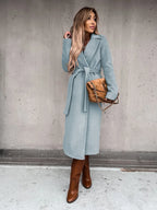 Autumn Winter Women Woolen Jacket Top Outwear Elegant Fashion Long Sleeve Lapel Collar Belt Trench Coat Overcoat Streetwear