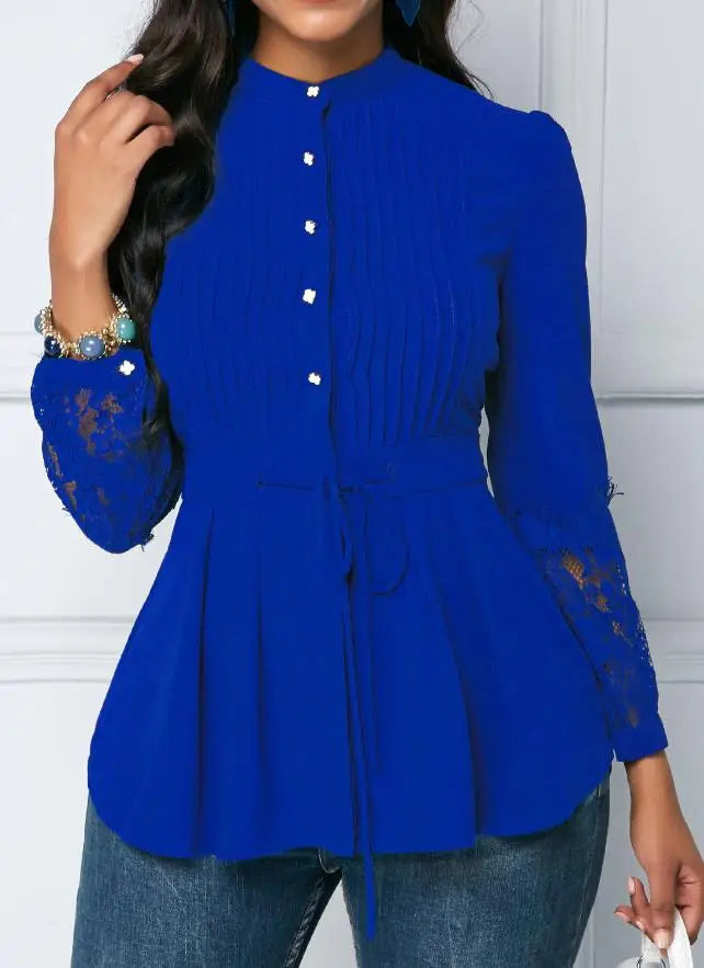 Women's Elegant Lace Blouses European & American Single-Breasted Open-Neck Stitching Fashion Chiffon Office Shirt Top for Women