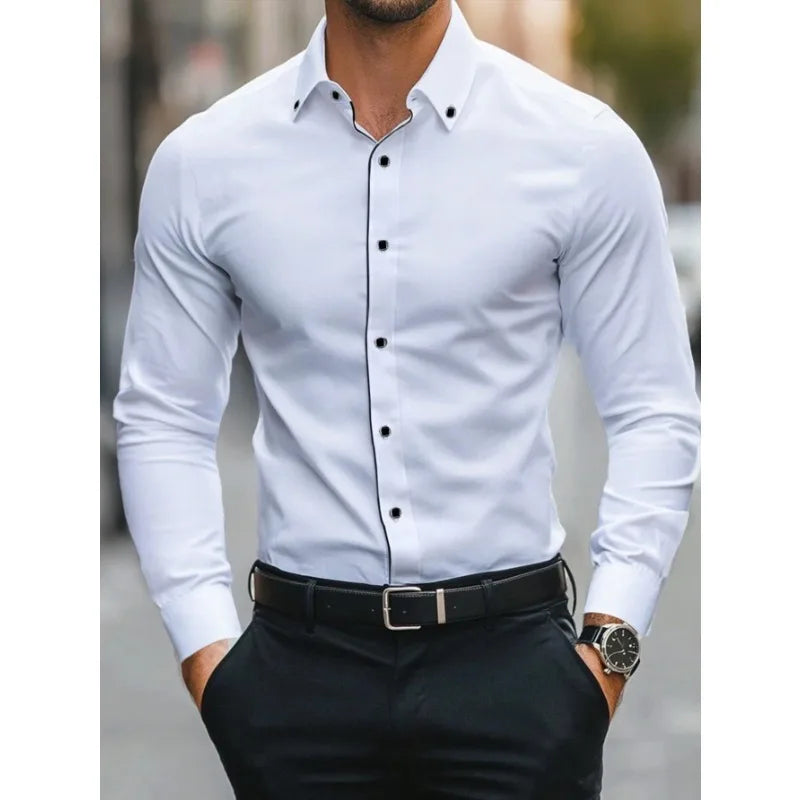 Men Dress Shirt Brand New Solid Color Long Sleeve Smart Casual White Elastic Male Business Shirts