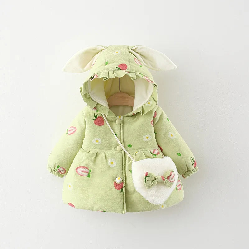 Winter Girls' Cotton Jacket, New Cute Children's Clothing, Solid Color Printed Girls' Cotton Jacket, Rabbit Ear Hooded Bag Gift