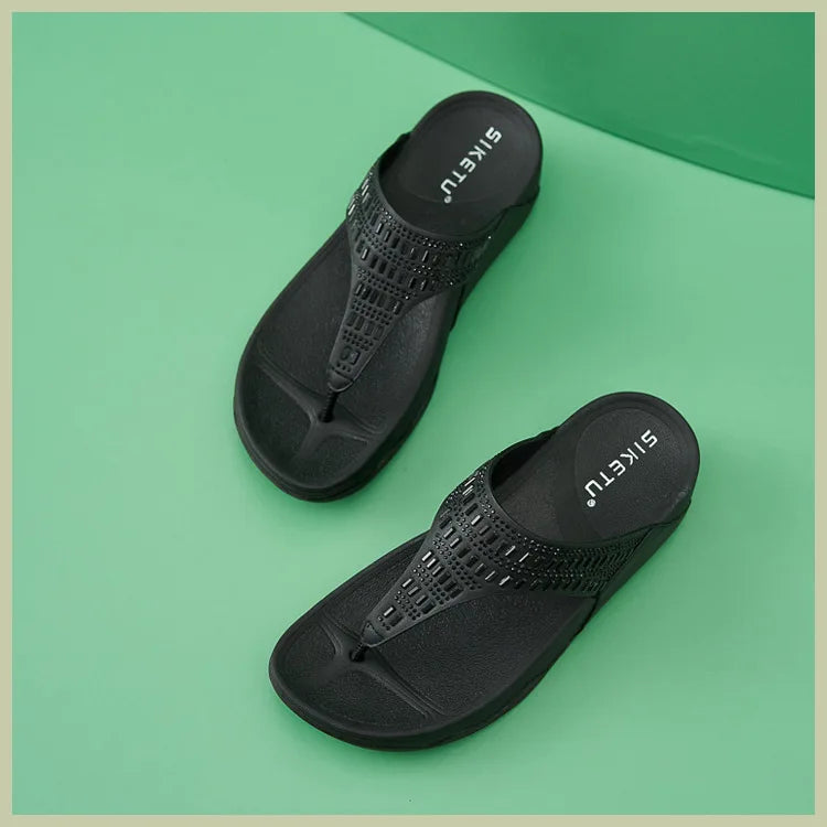 Women's Sandals Summer  Casual Non-Slip Suede  Diamond Soft Platform Wedge Flip Flop Walking Beach Slippers Shoes Woman