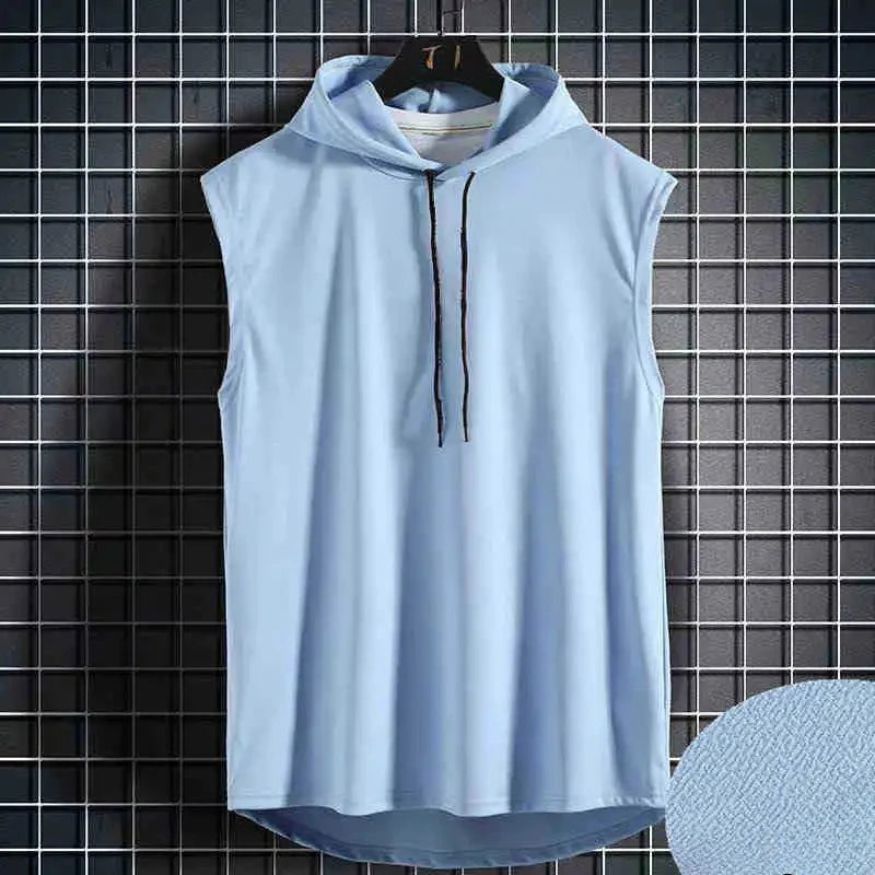 Men Tie Collar Hooded Sleeveless Vests Male Summer Loose Solid Hip Hop Tee Shirt Tops