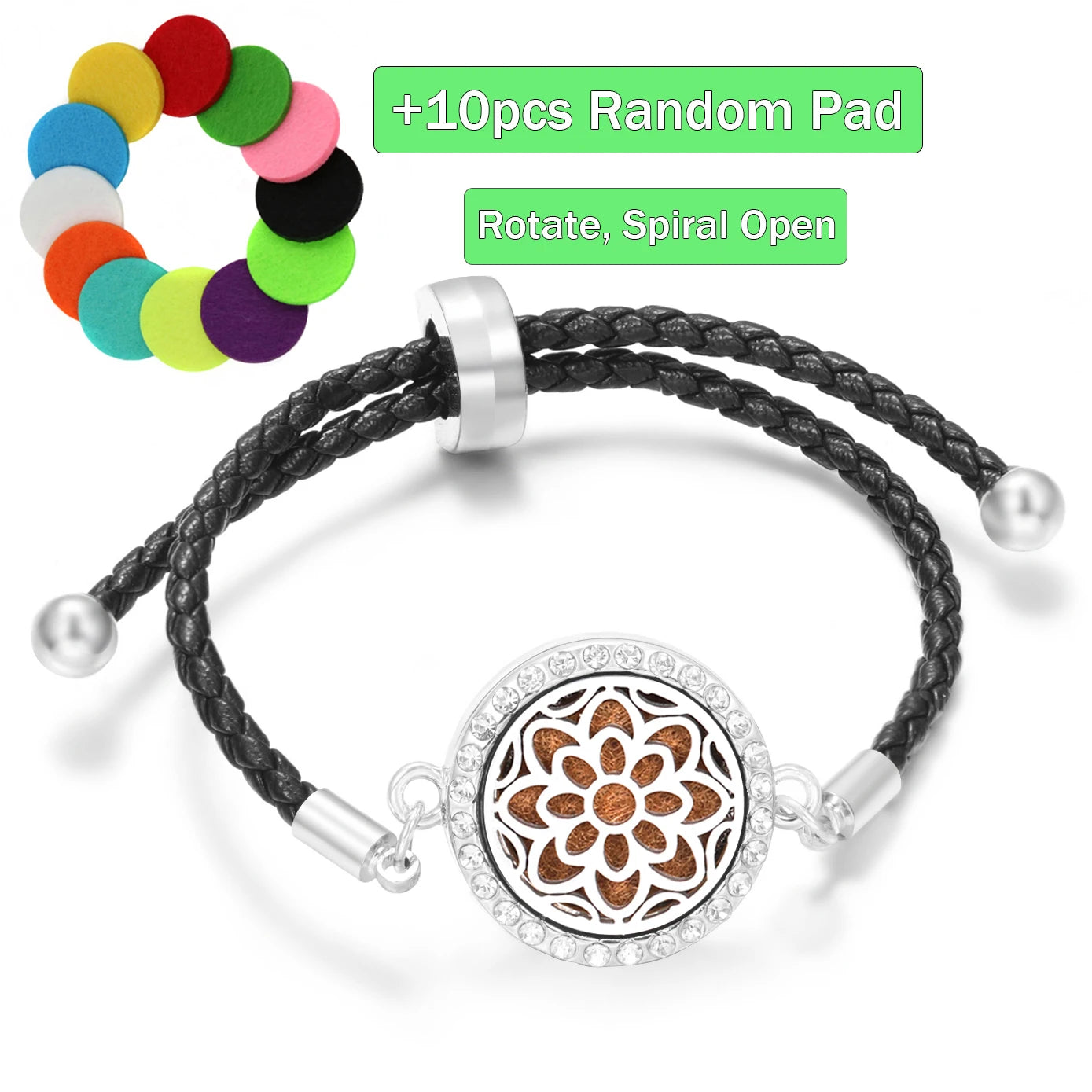Aromatherapy Diffuser Flowers Rose Women Leather Perfume Bangle Essential Oil Locket Spiral Open Rhinestones Bracelet Jewelry