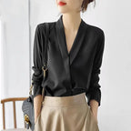 Women's Tunic V Neck Solid Color Elegant Blouses Spring Autumn Office Lady Silk Satin Solid Black White Long Sleeve Shirt Women