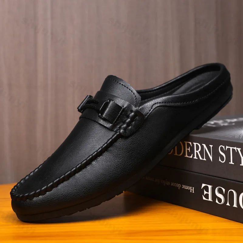 Men Half Slippers 2025 Summer Breathable Mens Casual Shoes Comfortable Walking Loafers Moccasins PU Leather Men Fashion Slippers