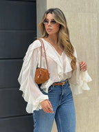 HH Women Ruffles Tierred Thin Blouses Solid Elegant Woman V Neck Long Sleeve Shirt 2025 Fashion High Street Lady Chic Tops