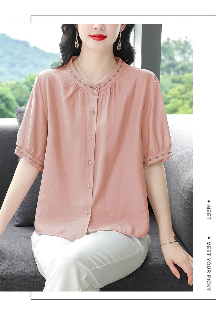 Embroidered Blouse Women Short Sleeve Summer Loose Slimming Top