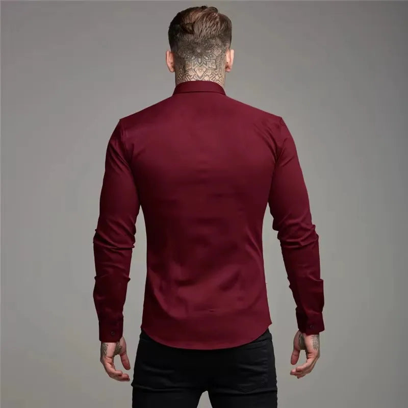 Men's Shirt Fashion Full Sleeve Shirt Men's Muscle Casual Slim-fit Business Dress Solid Color Shirt Men's Gym Fitness Men Shirt
