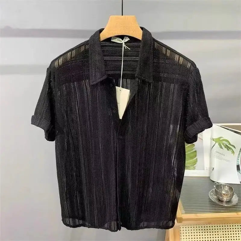 Men's Tops Hollow Short-sleeve Shirt Men Summer Thin Trendy Handsome French Light Luxury Drape Hawaiian Shirts