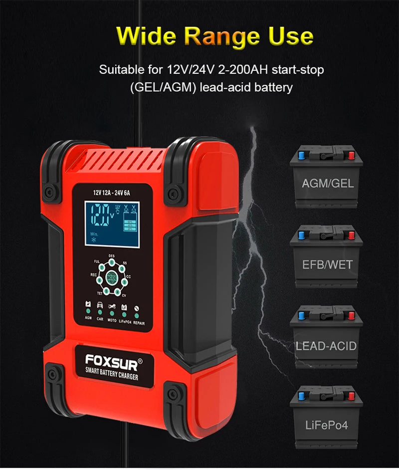 Car Battery Chargers 12A Large Power Full Automatic Smart Battery Chargers 12V 24V Battery Desulfator for Car Truck