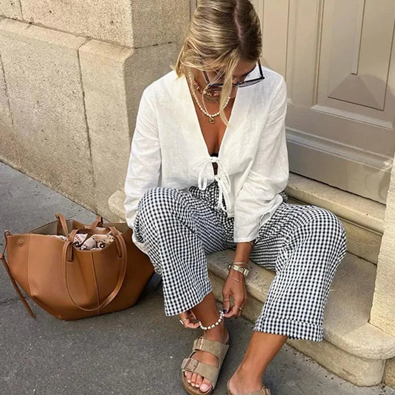 Casual Solid Lace Up Women Blouse Deep V-neck Long Sleeve Loose Female Shirt 2025 Spring Summer New Fashion Sweet Ladies Blouses