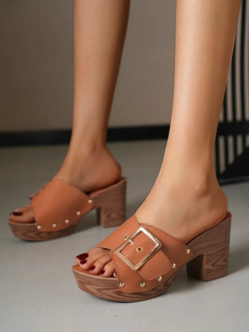 Women Slippers 2025 Summer New Fashion Elegant Soft Platform Shoes Ladies Chunky Heels Buckle Designer Slippers