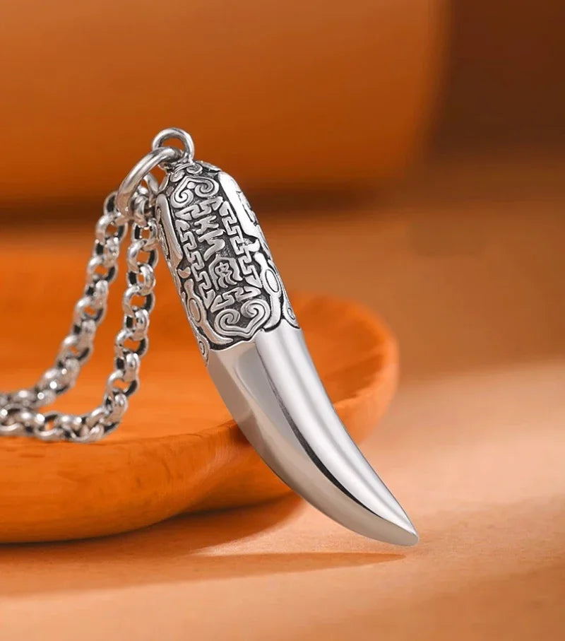 Creative 925 Silver Ethnic Style glossy Necklace Keel chains Banquet faceted wolf tooth Pendant for Men's Retro Jewelry