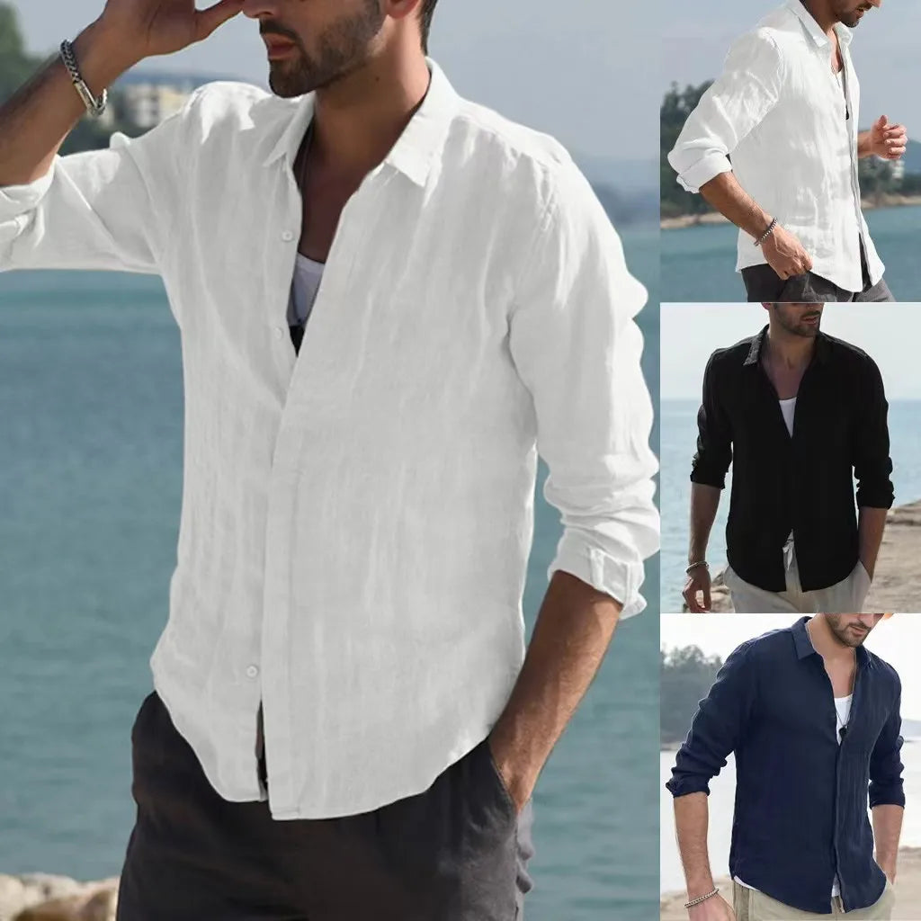Men's Shirt Long-sleeved White Button Casual Top Simple Youth Black Blouses for Male