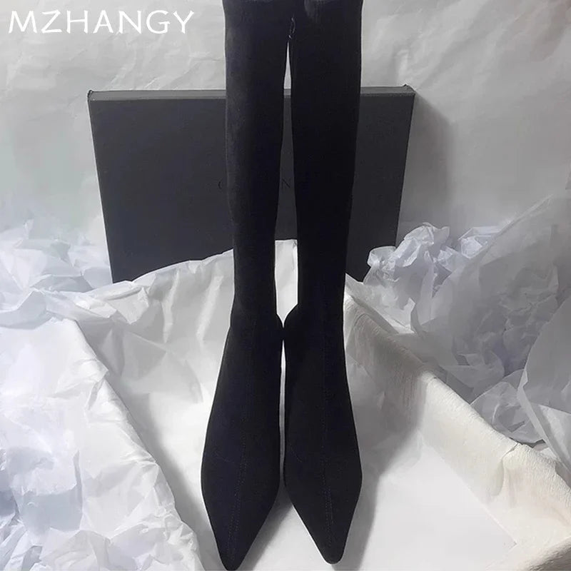 High Heels Women High Boots Suede Pointed Toe Elegant Knee High Shoes Woman Trend Fashion Sexy Pumps Party Chelsea Boots Mujer