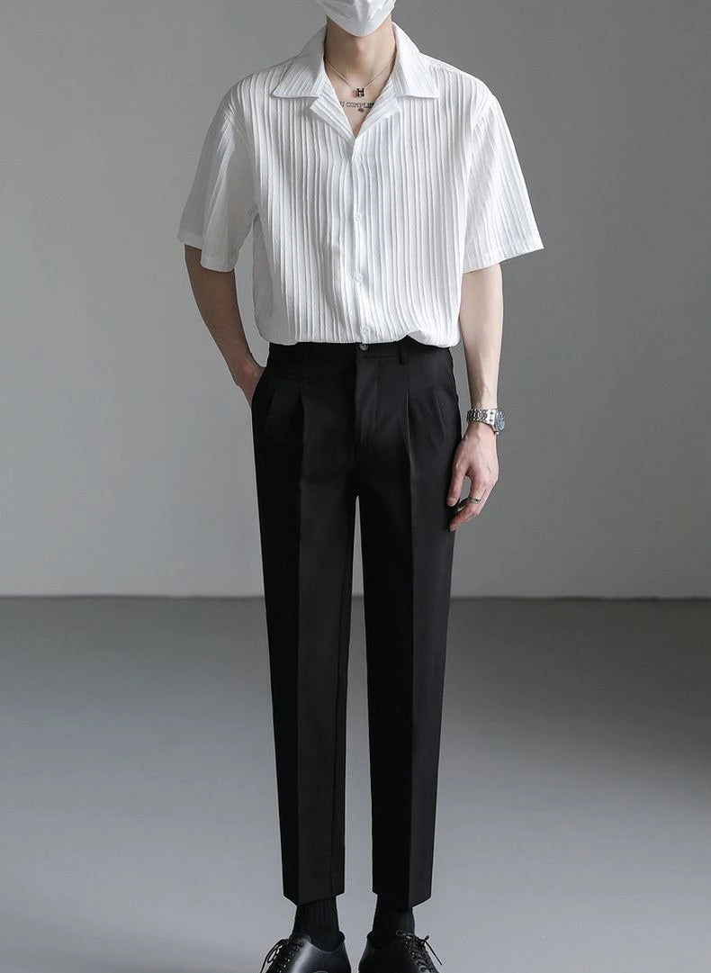 Men's Shirt Black Loose Short Sleeve Male Shirts Designer with Collar High Quality Luxury Sleeves Silk New in Vintage Slim Fit