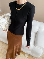 Women's casual stitching slim fit shoulder slimming base long sleeved T-shirt