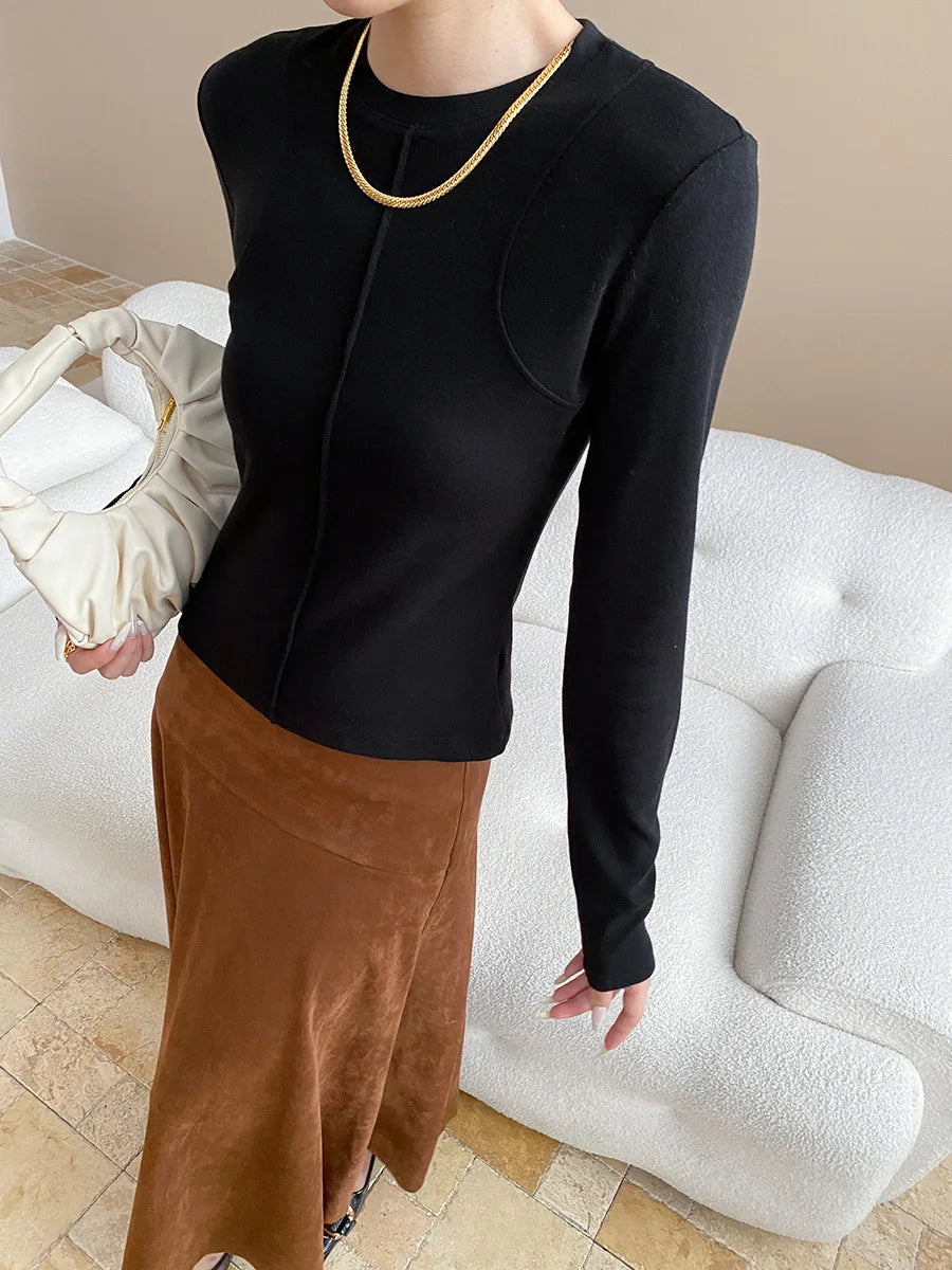 Women's casual stitching slim fit shoulder slimming base long sleeved T-shirt