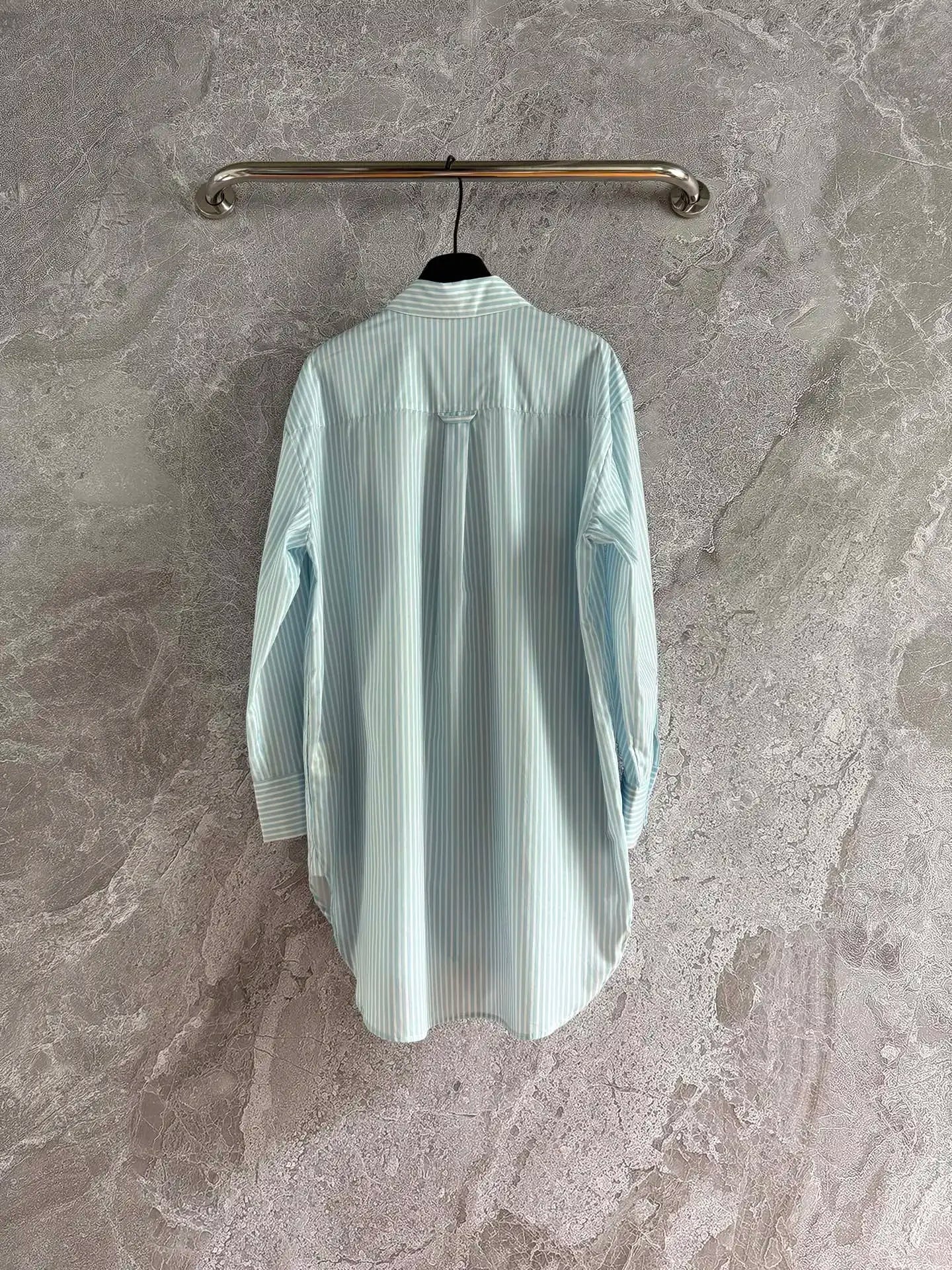 Women Blue and White Striped Cartoon Embroidery Casual Loose Cotton Shirt Top