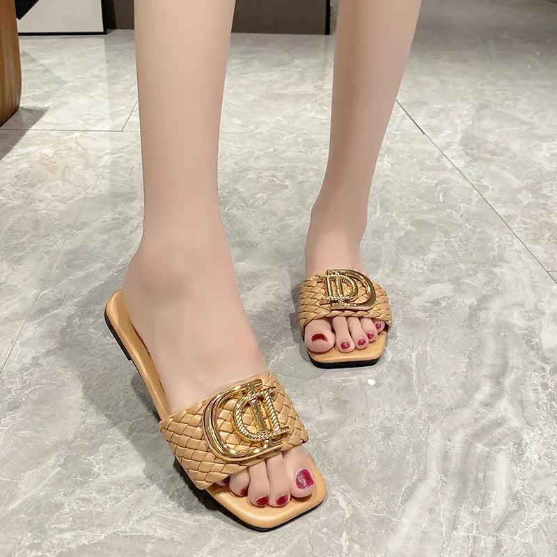 Women Slippers Party Sexy Elegant Slippers Women Luxury Decor Weave Designer Flat Sandals Fashion Open-toe Vacation Slides Women
