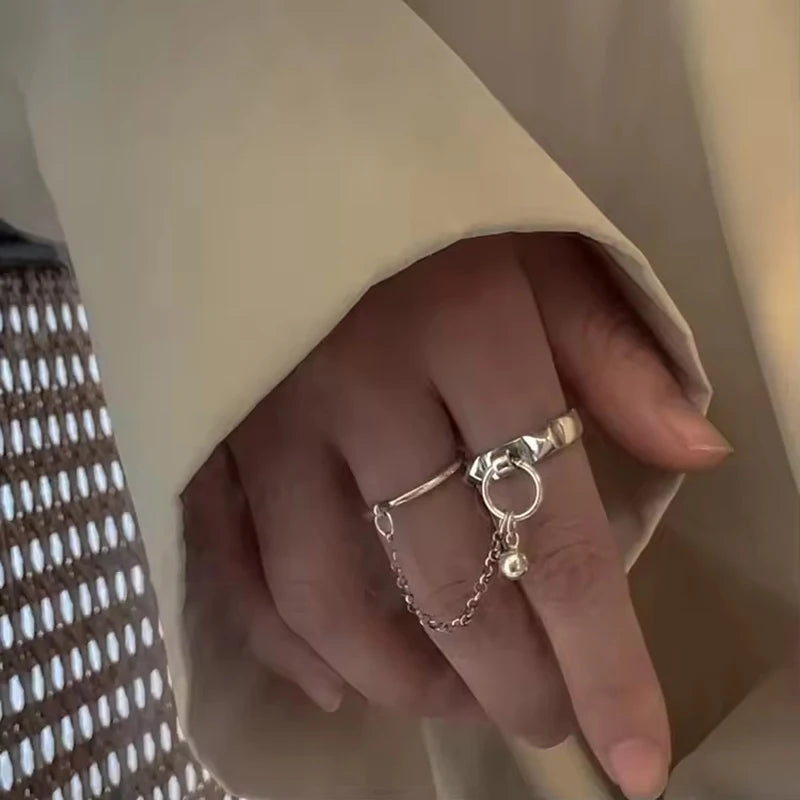Real 925 Sterling Silver Retro Round Geometric Ring For 2 Rings Women Chain Vintage Fine Jewelry Minimalist Accessories Gift