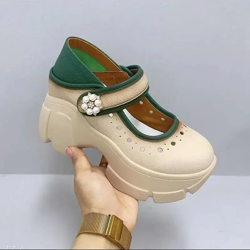 Women's Heels Shoes Summer Sneakers Platform Woman-shoes 2024 Thick Sole Roses Casual Leisure Round Toe Zip PU  Retro Rubber