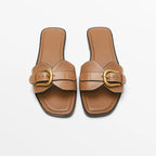 Slippers for Woman 2025 Summer Beach Flats Ladies Buckle Slides Gladiator Sandals Luxury Leather Mules Zapatos Mujer