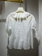 Lace Stitching Women's Pleated Blouse Summer Ruffles Edge V-Neck Puff Sleeve Casual Female Shirt