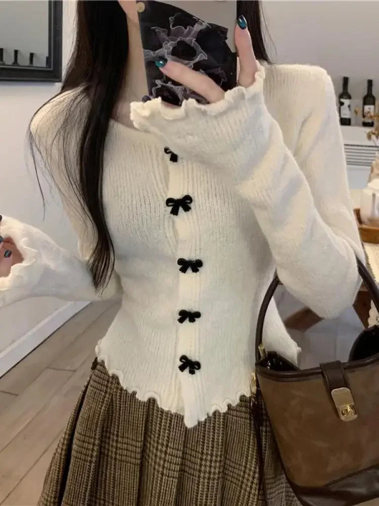 2025 Women's Ruched Long Sleeve Cropped Cardigan V Neck Button Down Knit Lady Autumn Winter Knitted Single Breasted Sweaters
