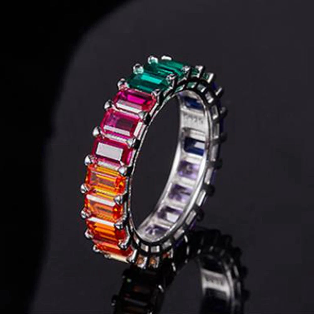 Wong Rain 925 Sterling Silver Emerald Cut 3*4 MM Lab Sapphire Gemstone Wedding Party Row Rings Fine Jewelry Band Gifts Wholesale