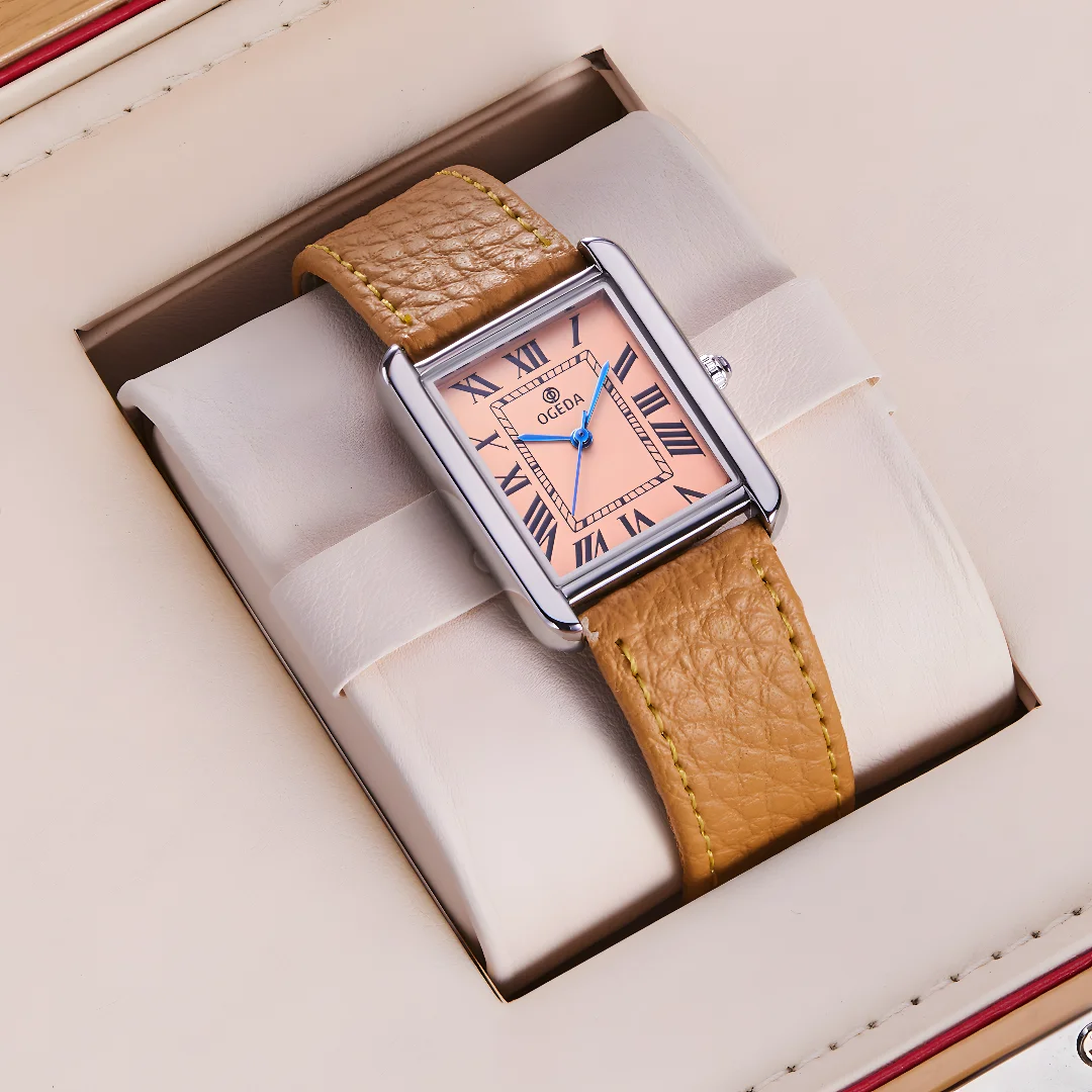 OGEDA Waterproof Couple Watches Casual Fashion Quartz Stainless Steel Leather Strap Square Dial Men's And Women's Lover Watch