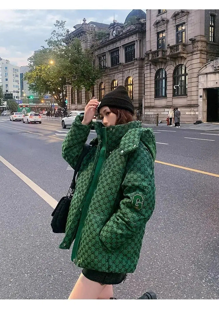 Winter Letter Print Hooded Jacket Women Clothing Trend Zipper Parkas Puffer Down Cotton Coats Design Vintage Windproof Outerwear