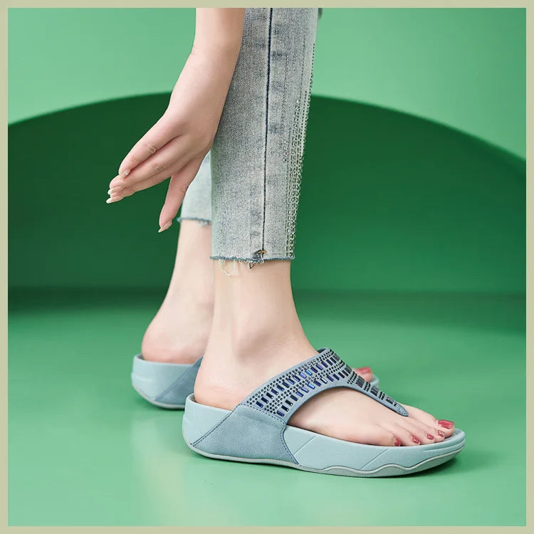 Women's Sandals Summer  Casual Non-Slip Suede  Diamond Soft Platform Wedge Flip Flop Walking Beach Slippers Shoes Woman