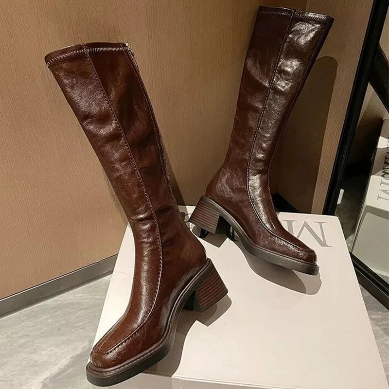 Women's High Boots High Heels Fashion Dress Shoes Chunky Luxury Woman Winter Boots 2025 Designer Knee High Chelsea Botas Mujer