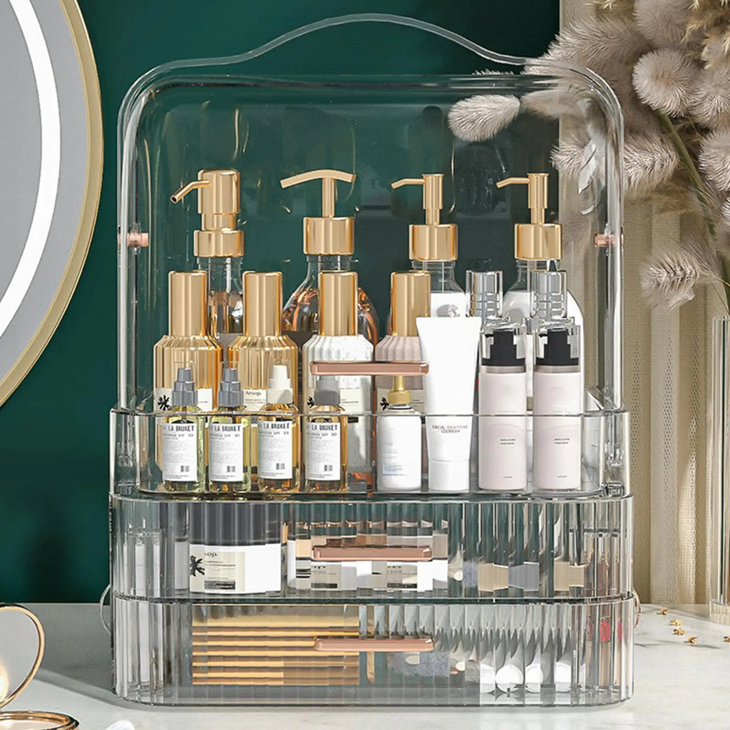 Cosmetics Storage Box With Lid and Handle Large Makeup Organizer Box Drawers for Skincare Display Cases Countertop, Bathroom