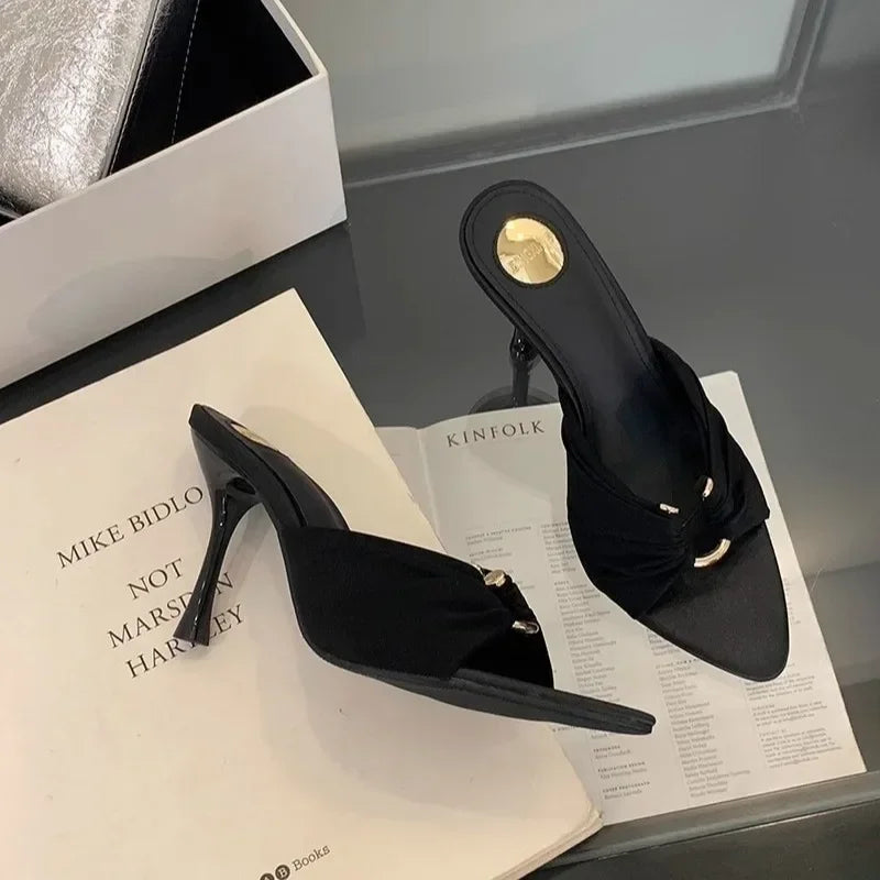 Elegant Woman Heeled Shoes 2025 New Open Toe Slippers Women Fashion Outdoor Metal Decoration Summer Plus Size Dress High Heels