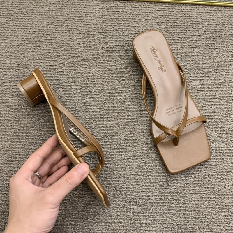 High Heels Comfortable New Summer Solid Leather Slippers Female Shoes Women Shoes Woman Fashion Cool Mules Slides Flip Flops