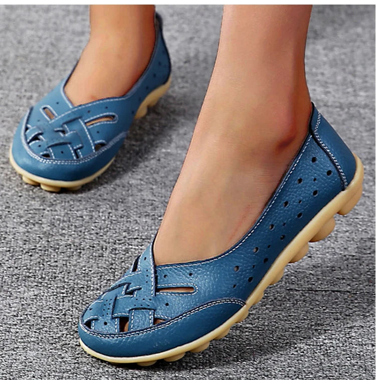 Women Flats Genuine Leather Fashion Soft Shoes Women Hollow Designer Shoes Slip On Ballet Flats Oxford Shoes Woman Plus Size