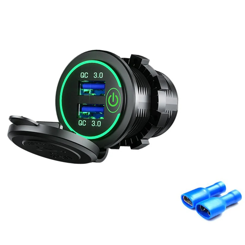 Quick Charge 3.0 Dual USB Fast Car Charger Socket Accessories Waterproof 12V/24V QC3.0 Power Outlet with Touch Switch&Led Light