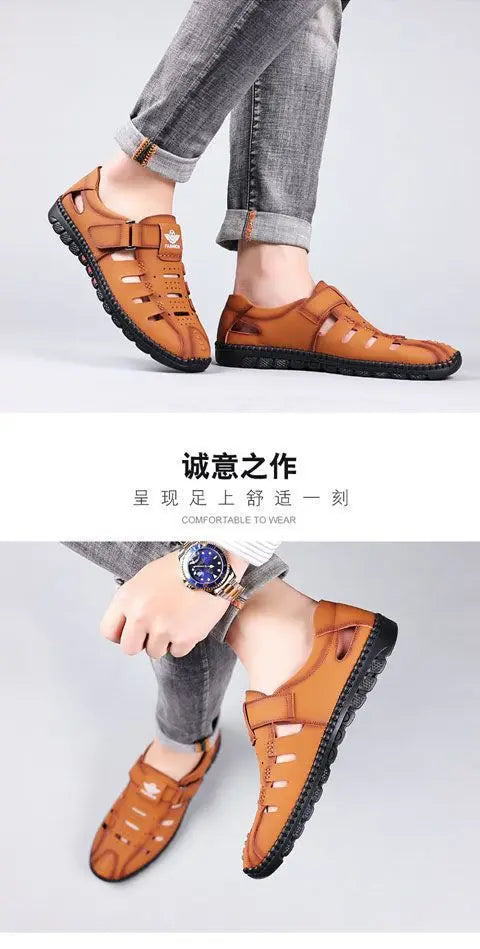 Men Sandals Leather 2024 Summer Breathable Casual Shoes for Man Slip on Clogs Outdoor Walking Shoes Non Slip Hand Made Sandalias