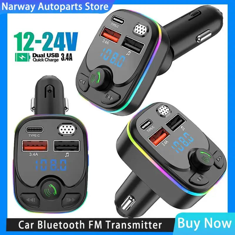Handsfree Car Bluetooth 5.0 FM Transmitter PD Type-C Dual USB 3.4A Colorful Ambient Light MP3 Modulator Player 2023