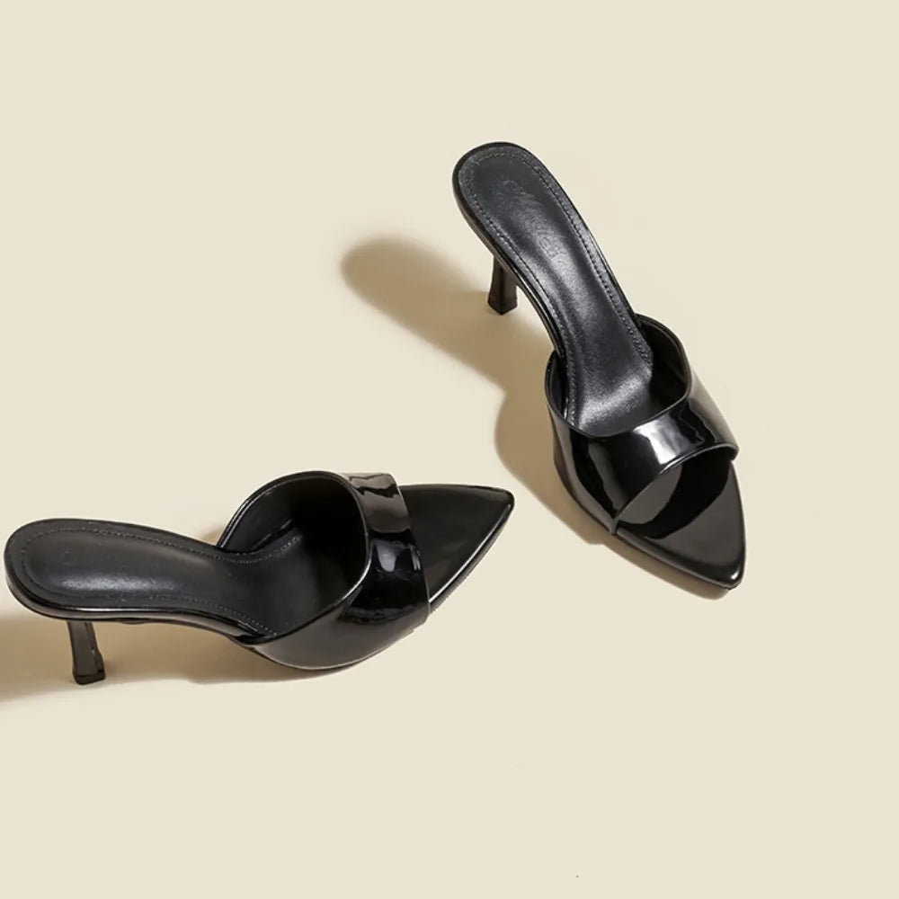 Women's Slippers 2025 New Summer Slim Heel Pointed Toe Worn with A Straight Drag Patent Leather High-heeled Slippers for Womens