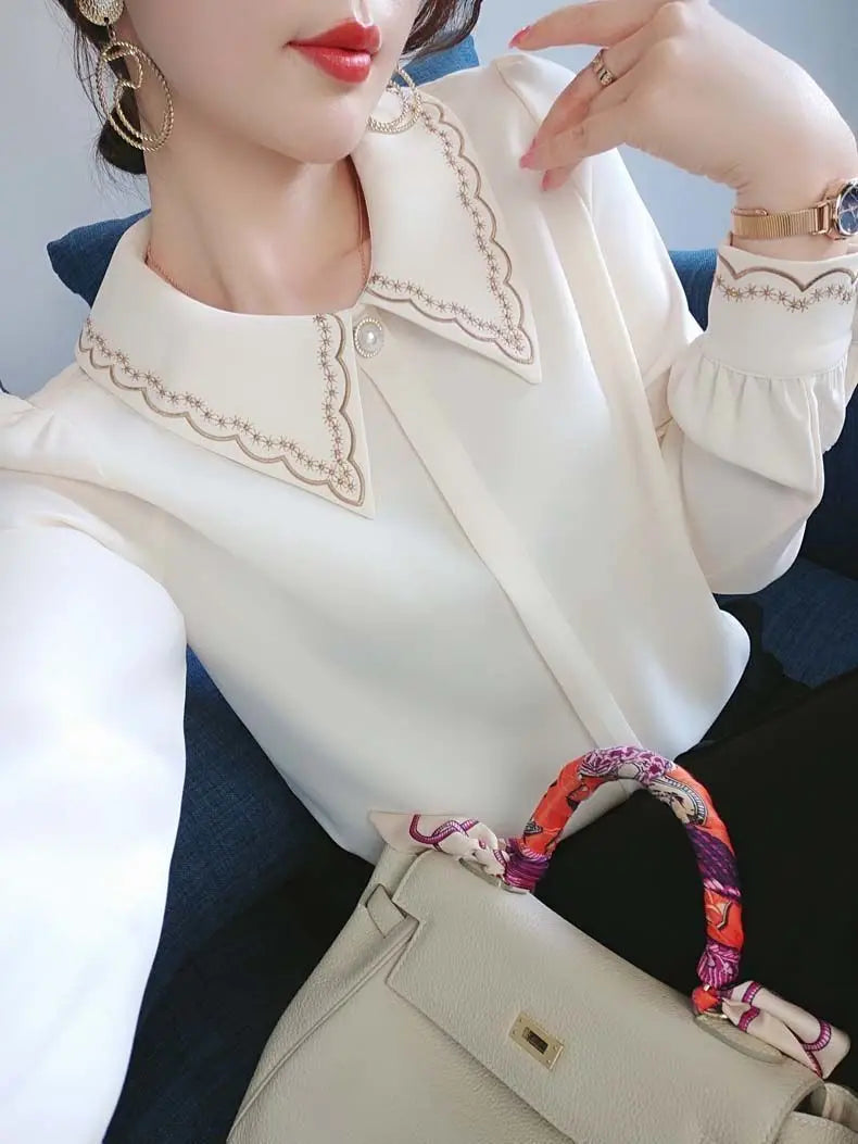 Women Embroidery Beaded Chic Luxury Design Shirts Spring Autumn Fashion Office Lady Blouse Solid Long Sleeve Tops Elegant Blusas