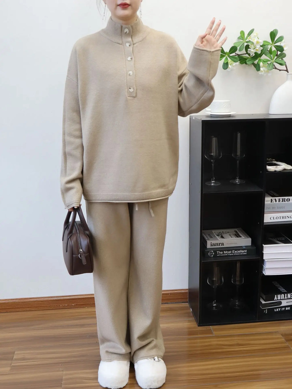 Pant Set Women Two Piece Sets Stand Collar Full Sleeve Knit Tops Wide Leg Long Pants Lace Up Elastic Waist Y2k Streetwear