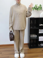 Pant Set Women Two Piece Sets Stand Collar Full Sleeve Knit Tops Wide Leg Long Pants Lace Up Elastic Waist Y2k Streetwear