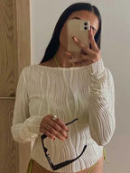 Women's Ruched Long Sleeve T-shirt, Female White Blouses, Skinny Cropped Bottoming Shirt, Y2K Top Clothes, Casual Fashion, Autum