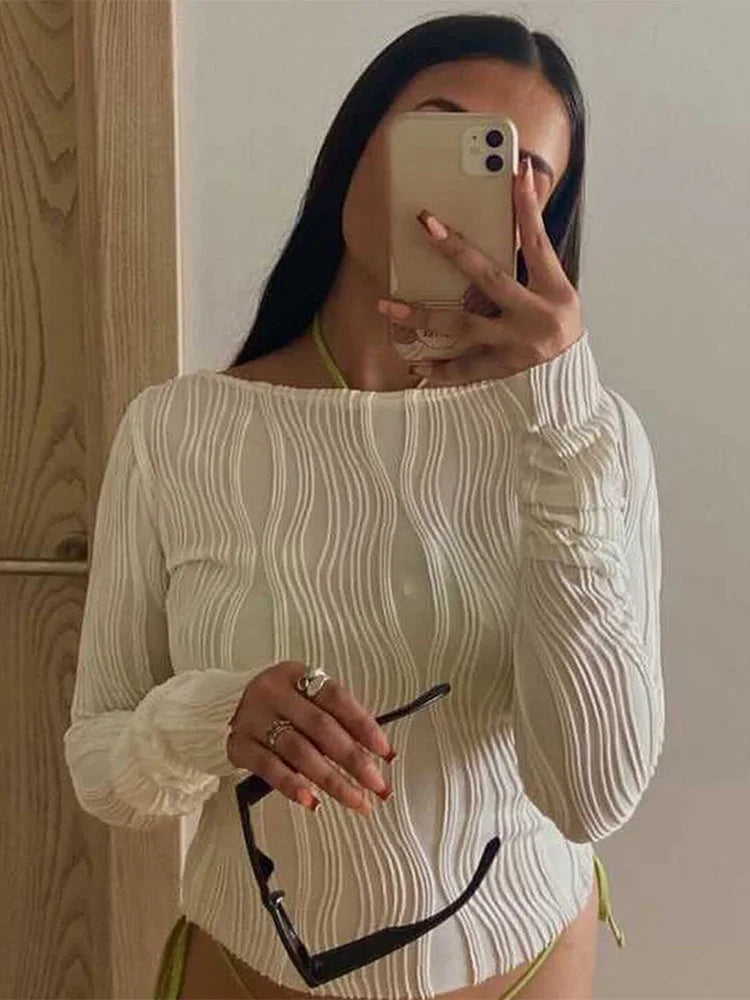 Women's Ruched Long Sleeve T-shirt, Female White Blouses, Skinny Cropped Bottoming Shirt, Y2K Top Clothes, Casual Fashion, Autum