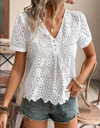 Woman Clothing Blouse Embroidered With Lace Eyelets, Elegant Short -sleeve Top With Neck For Spring And Summer, Women's Clothing