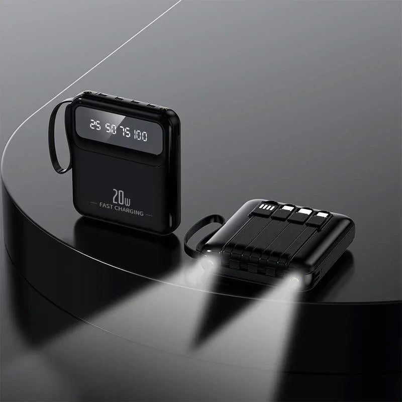 20000mAh Mini Power Bank 4in1 Cable Portable Charger Fast Charging LED Digital Display Poverbank External Battery Mobile Power