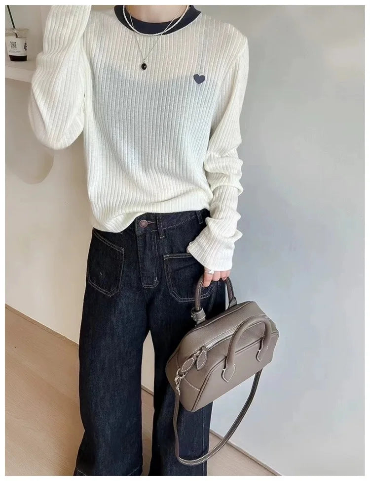 Women's Pullover Autumn/Winter 100% Wool Sweater Stitching Casual Knit Sweater Round Neck Tops Ladies Clothes Embroidery Blouse